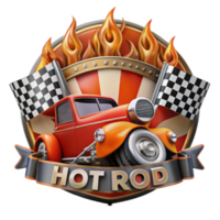 Vintage Hot Rod Race Car 3D Illustration, Fiery Flames and Checkered Flags png