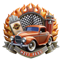 Vintage Hot Rod Classic Car 3D Illustration with Flames and Checkered Flag Background png