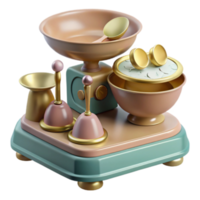 Pastel 3D Render of a Vintage Kitchen Scale with Bowls and Bells png