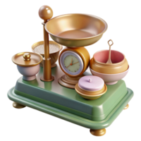 Whimsical 3D Render of Antique Kitchen Scale with Bowls and Clock png