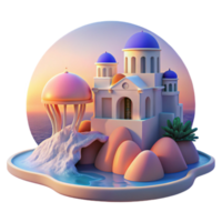 Whimsical 3D Render of Coastal Mediterranean Architecture at Sunset png