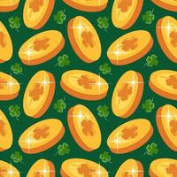 seamless pattern features vibrant leprechaun gold coins intertwined with delicate four leaf clovers, creating a playful and festive design perfect for St. Patricks Day celebrations and themed projects vector