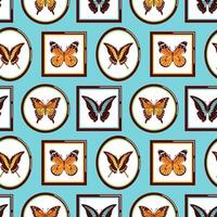 seamless pattern features an entomological collection of beautifully butterflies encased in elegant frames, perfect for creating a sophisticated and nature inspired design. Ideal for wallpapers and vector