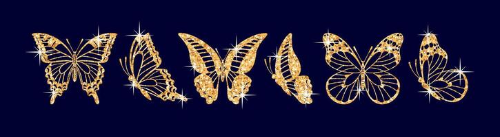 set of butterfly silhouettes from shining gold glitter, Danaus plexippus, Graphium sarpedon, and Swallowtail. Ideal for various design projects, showing elegance and diversity in nature. vector