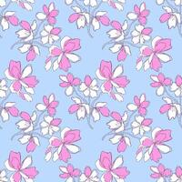 Spring vibe with flowers doodle pattern, stylized abstract sketch, on blue background. vector