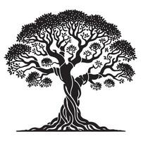 Majestic Black Silhouette Tree Illustration with Intricate Roots and Birds Nest vector