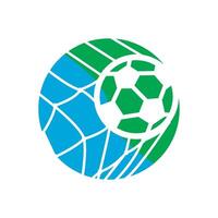 A soccer ball in a net with a blue and green background vector