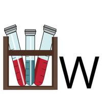 letter design in the form of medical test tubes in a wooden stand folded in a W shape vector