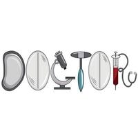 The inscription doctor is composed of letters as a design, which are made for medical instruments, namely a microscope, a medical hammer, pills, a syringe vector
