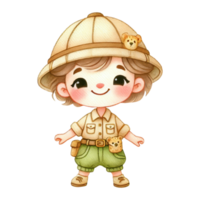 A cheerful cartoon character dressed in safari attire, featuring a hat and shorts, standing with a friendly expression. png