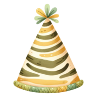 A colorful party hat featuring striped patterns in shades of green and yellow, topped with a decorative pom-pom. png