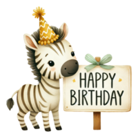 A cheerful zebra wearing a party hat stands next to a sign that says Happy Birthday png
