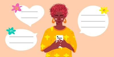 Young woman with a smartphone surrounded by colorful speech bubbles in a vibrant and creative setting reflecting communication and connectivity. vector
