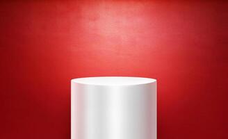 Empty white display stand in studio room, red background photo