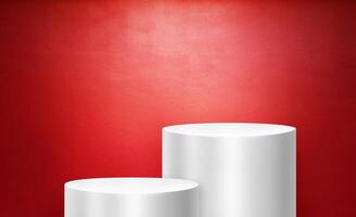 White display stand in studio room for product display, red background. photo