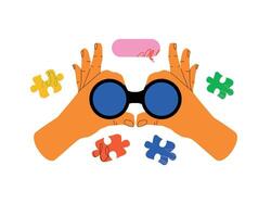 A vibrant illustration featuring a pair of hands holding binoculars surrounded by colorful puzzle pieces. The image symbolizes the process of searching, discovery, and exploration. vector