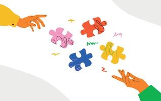 A vivid illustration with two hands reaching for each other and colorful puzzle pieces between them. A metaphor for the process of teamwork, problem solving, customer development. vector