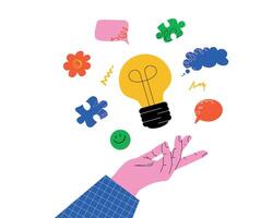 A vivid illustration with a hand reaching for a burning light bulb surrounded by colorful abstract shapes. A symbol of idea generation, inspiration, and the emergence of new ideas. vector