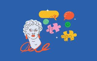 A bold illustration with a Greek goddess with doodles on it, surrounded by colorful speech bubbles and puzzle pieces. A metaphor for creativity, inspiration, and uniqueness. vector