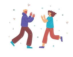 Two joyful people high-fiving with both hands, celebrating. A metaphor for friendship and a positive attitude. vector