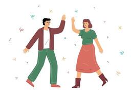 An illustration in soft colors, in which two people give each other a high five. A symbol of partnership, connection, happiness and a moment of unity. vector
