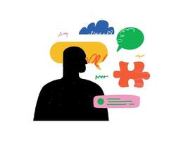 A vivid illustration with an abstract silhouette of a human surrounded by colorful speech bubbles and puzzle pieces. A symbol of invention, mental strength, and creativity. vector