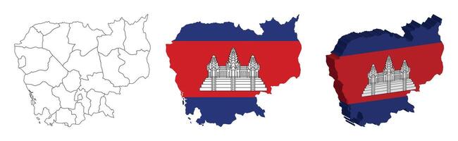 Cambodia outline, fill with flag and 3d map vector