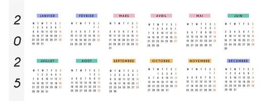 Modern 2025 French calendar with a minimalist horizontal layout. Color-coded months with a clean design for organization and planning. Week starts on Monday. Flat Style Illustration. vector