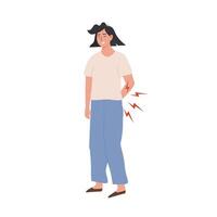 Woman suffering from back pain, holding her lower back with a pained expression. Red lightning symbols of discomfort. Medical concept. Spine issues, posture problems. Flat Illustration. vector