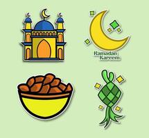 Ramadan stickers set with a bowl of dates, a mosque and a crescent vector