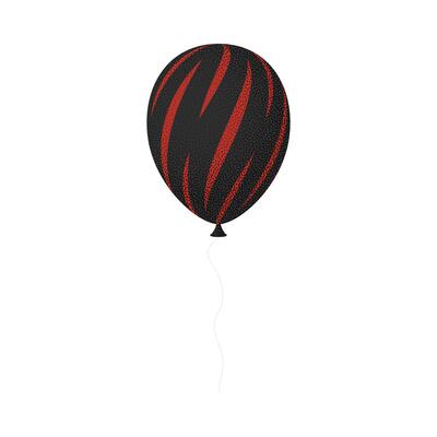 A black and red balloon with a white string