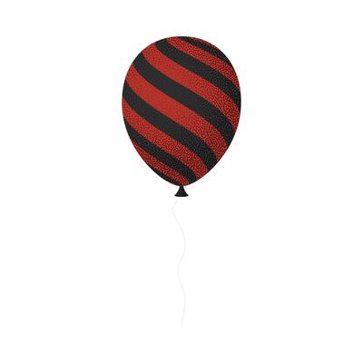 A red and black striped balloon with a white string