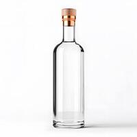 Mockup of a glass bottle for vodka or spirits.Clear glass bottle with a copper cap standing upright on a white surface photo