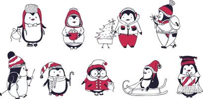 set of penguins in winter clothes vector
