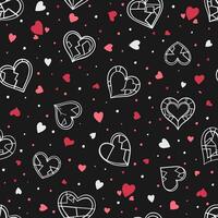 seamless pattern with doodle hearts for Valentines day. Endless romantic background with outlined hearts on black for textile, scrapbook, web, wrapping vector