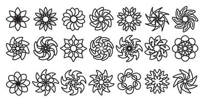 Black outline flower set features abstract floral design silhouettes and geometric patterns. vector