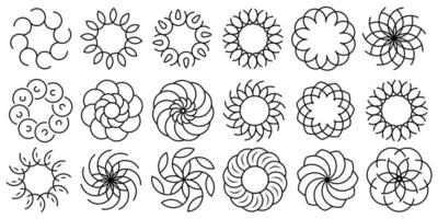 The black outline flower set features abstract floral design silhouettes and geometric patterns vector