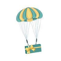 A gift box descending from the sky by parachute. Element of festive design and decoration. Isolated illustration vector