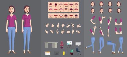 Stylized Woman Character Creation Set, Cartoon woman with Movable Joints for easy rigging and Animation, Lip-sync, Hand Gestures, Emotions and Poses, Premium vector