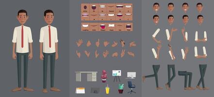 Stylized Black Businessman Character Creation Set, Cartoon African-American Man with Movable Joints for easy rigging and Animation, Lip-sync, Hand Gestures, Emotions and Poses, Premium vector