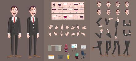 Stylized Businessman Character Creation Set, Cartoon Man wearing Suit with Movable Joints for easy rigging and Animation, Lip-sync, Hand Gestures, Emotions and Poses, Premium vector