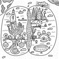 Futuristic city in outer space with its own eco system, architecture and transport. Hand drawn transparent illustration in doodle style vector