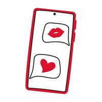 Smartphone with heart speech bubble get message on screen doodle style Hand drawn flat style love isolated Romantic symbol of love for poster tattoo Valentines Day card line art illustration vector