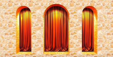 arch window and curtain inside., Minimal scene for product display presentation. Stage for showcase., 3D render photo