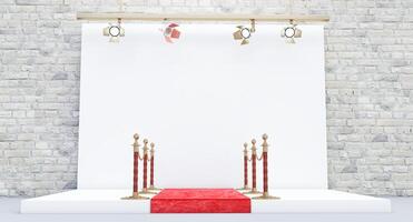 3d render of Photography studio with red carpet and barrier, photo studio with lighting equipment