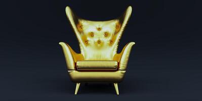 3D render of golden armchair isolated on a dark background, VIP concept photo