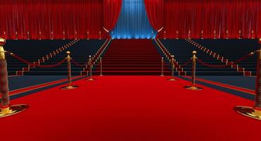 3d render of long red carpet between rope barriers with stair and curtain at the end. Red carpet and path barriers 3d. VIP event, photo