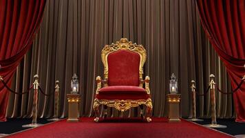3D render of red carpet with golden barriers and shining lantern leading to luxurious king armchair with gold frame, vip concept photo