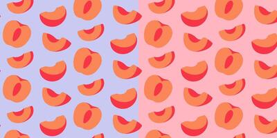 Seamless pattern with half and sliced apricots on pastel backgrounds. Vibrant fruit design in a modern, minimal style. Ideal for textiles, packaging, wallpapers, and summer themed projects vector