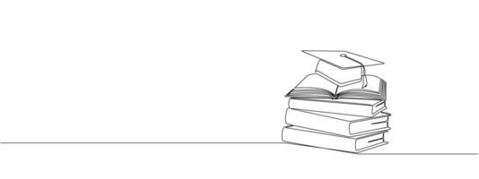 Stack of books with student's hat in one continuous line. Symbol of education, graduate , learning intelligence in one line style . editable illustration vector